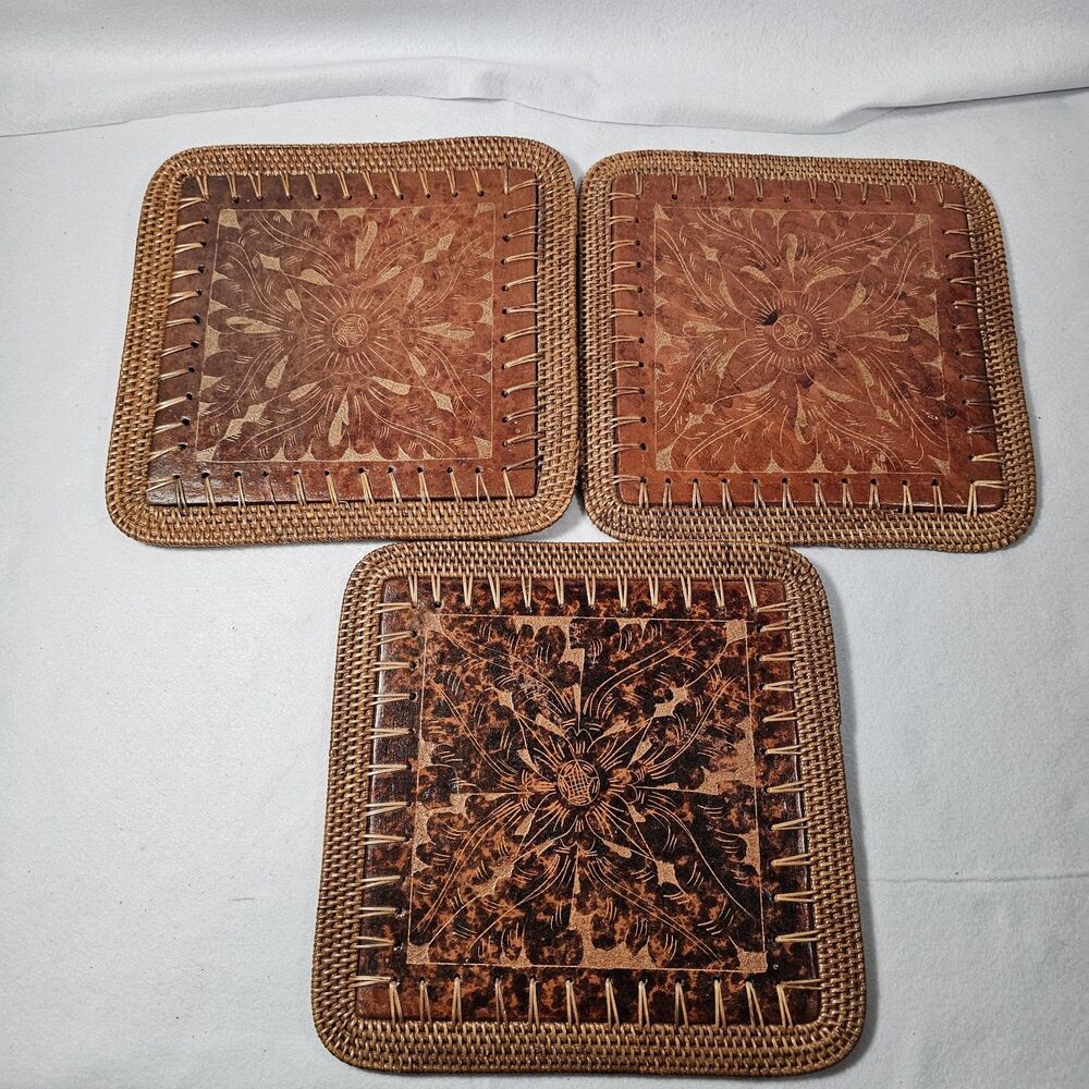 Vtg Pier 1 Three RattanLeather Tile Trivet Embossed Floral Hot Plate Kitchen